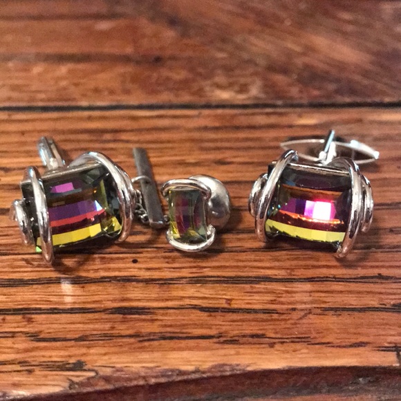 Other - Cuff links/tie tac - glass faceted peacock stones